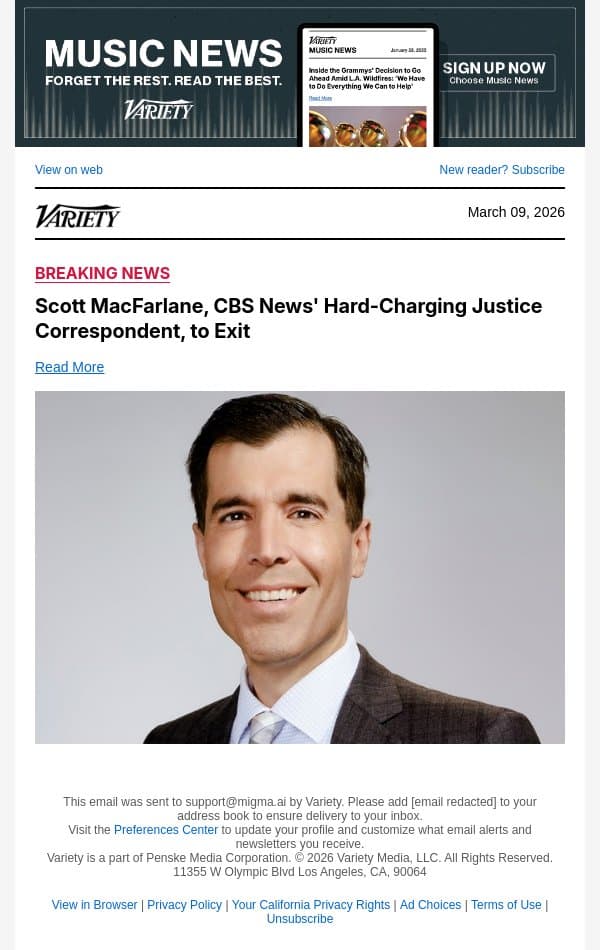 Scott MacFarlane, CBS News' Hard-Charging Justice Correspondent, to Exit email from Variety screenshot