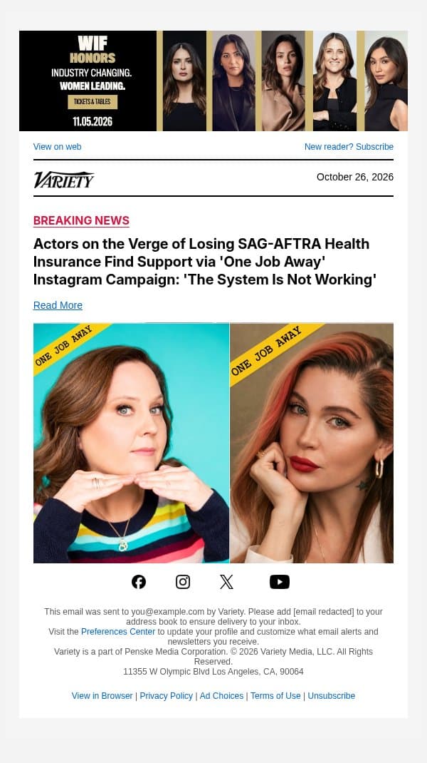 Actors on the Verge of Losing SAG-AFTRA Health Insurance Find Support via 'One Job Away' Instagram Campaign: 'The System Is Not Working' email from Variety screenshot