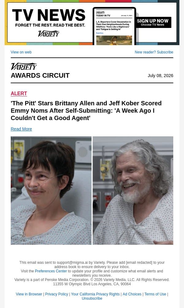 'The Pitt' Stars Brittany Allen and Jeff Kober Scored Emmy Noms After Self-Submitting: 'A Week Ago I Couldn't Get a Good Agent' email from Variety screenshot