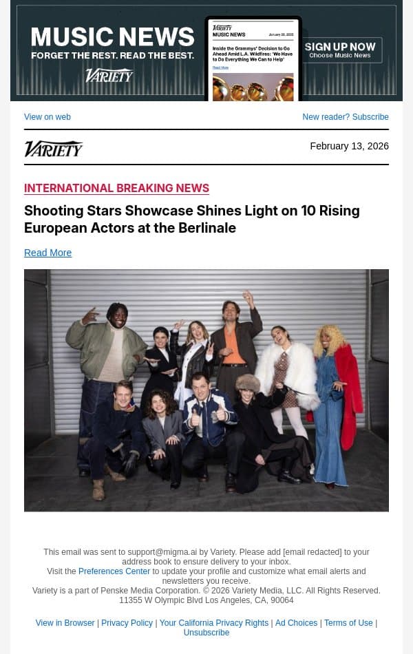 Shooting Stars Showcase Shines Light on 10 Rising European Actors at the Berlinale email from Variety screenshot
