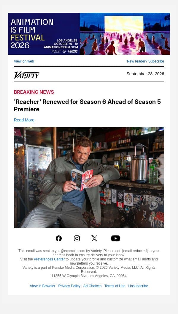 'Reacher' Renewed for Season 6 Ahead of Season 5 Premiere email from Variety screenshot
