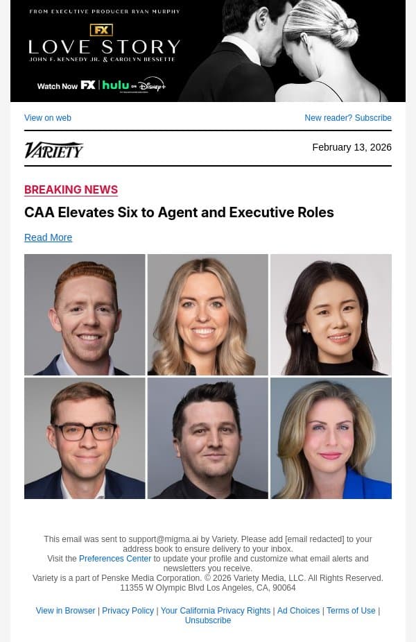 CAA Elevates Six to Agent and Executive Roles email from Variety screenshot