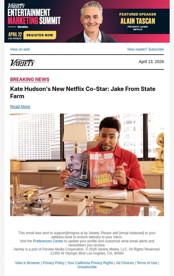 Kate Hudson's New Netflix Co-Star: Jake From State Farm email from Variety screenshot