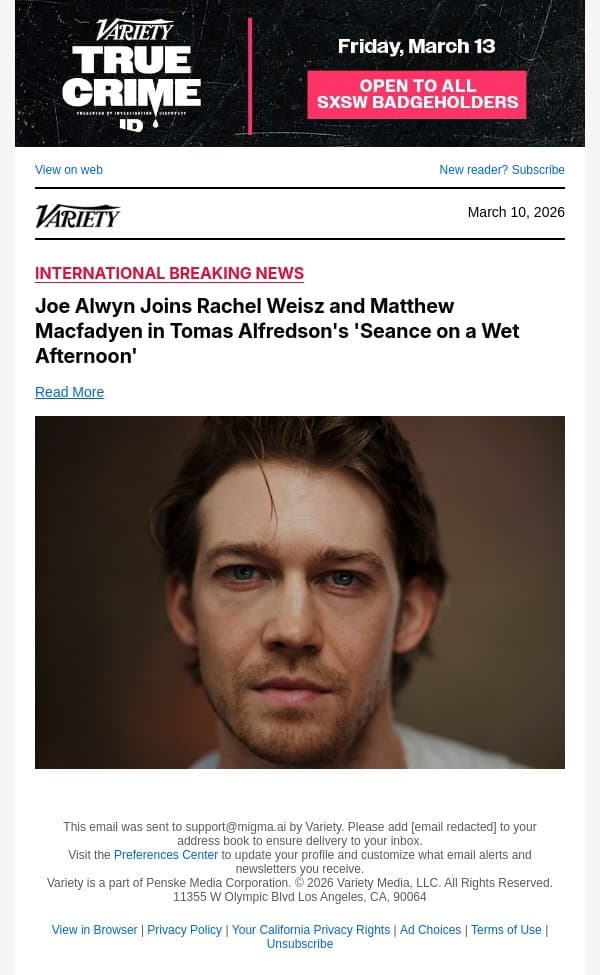 Joe Alwyn Joins Rachel Weisz and Matthew Macfadyen in Tomas Alfredson's 'Seance on a Wet Afternoon' email from Variety screenshot
