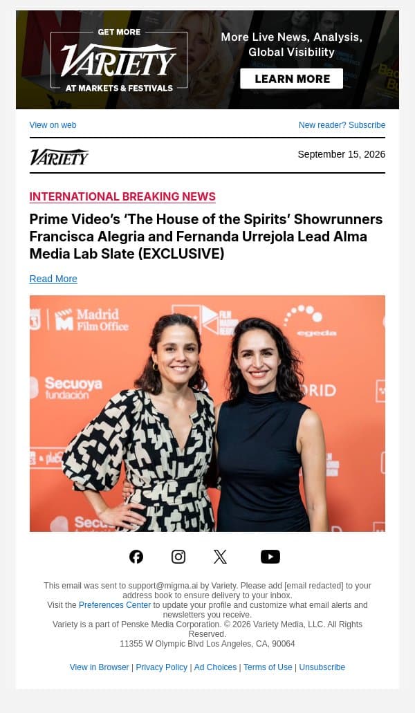 Prime Video’s ‘The House of the Spirits’ Showrunners Francisca Alegria and Fernanda Urrejola Lead Alma Media Lab Slate (EXCLUSIVE) email from Variety screenshot