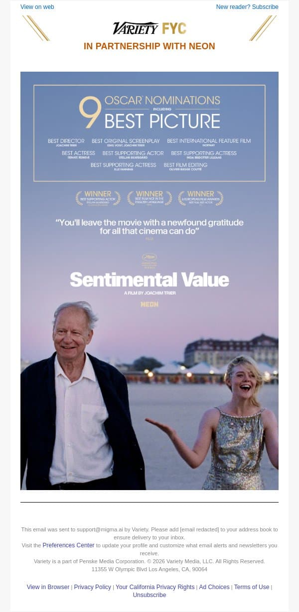 "This is Stellan Skarsgard's Crowning Achievement" | Oscar Nominee SENTIMENTAL VALUE email from Variety screenshot