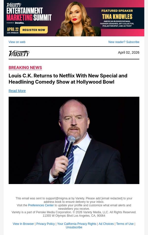 Louis C.K. Returns to Netflix With New Special and Headlining Comedy Show at Hollywood Bowl email from Variety screenshot