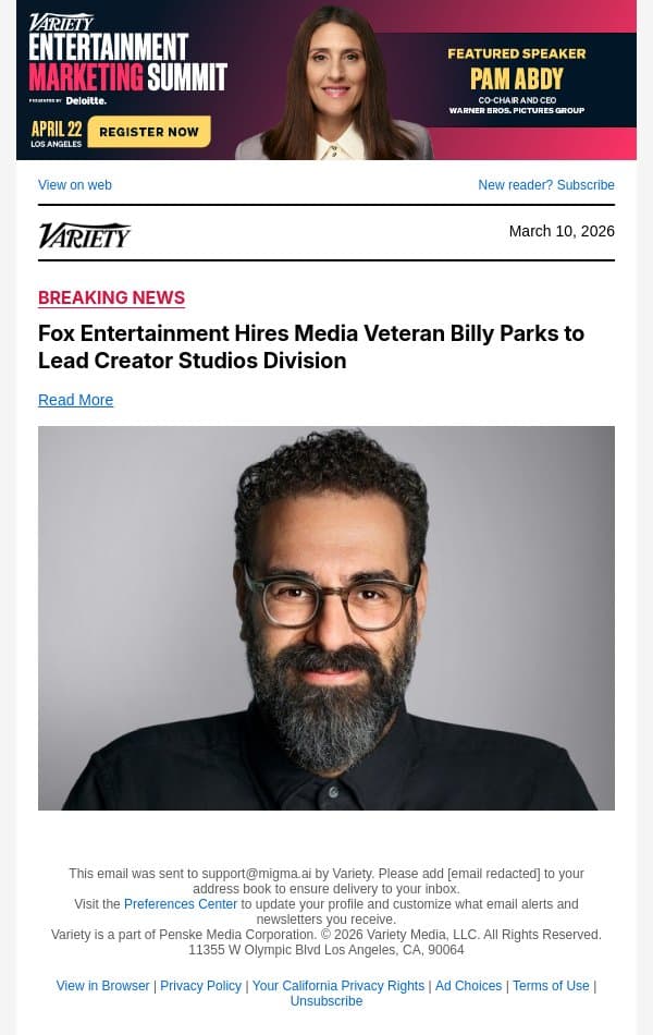 Fox Entertainment Hires Media Veteran Billy Parks to Lead Creator Studios Division email from Variety screenshot
