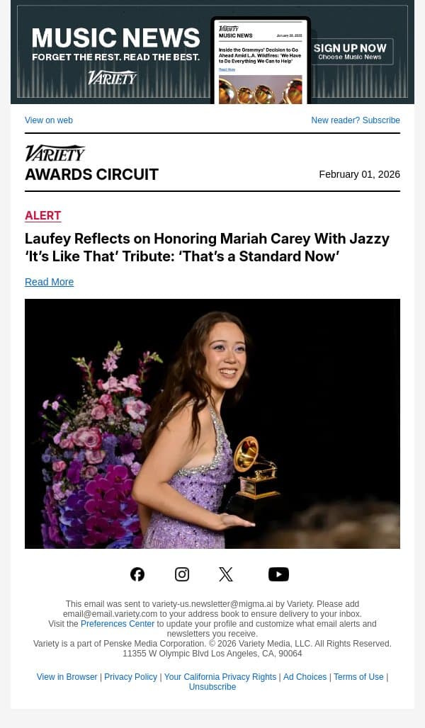 Laufey Reflects on Honoring Mariah Carey With Jazzy ‘It’s Like That’ Tribute: ‘That’s a Standard Now’ email from Variety screenshot