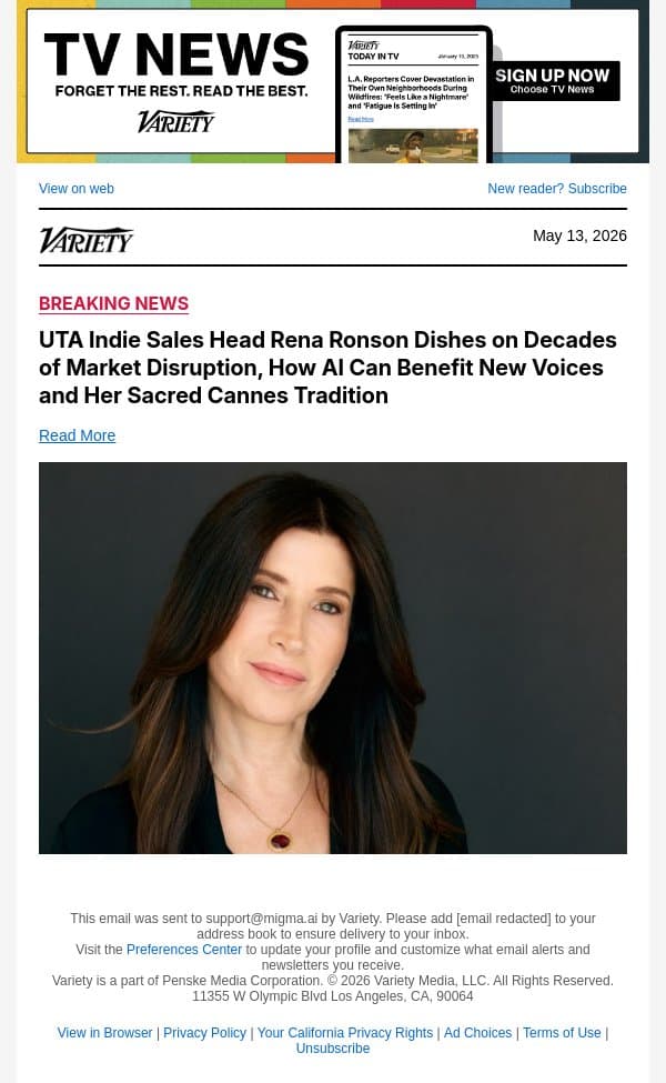 UTA Indie Sales Head Rena Ronson Dishes on Decades of Market Disruption, How AI Can Benefit New Voices and Her Sacred Cannes Tradition email from Variety screenshot