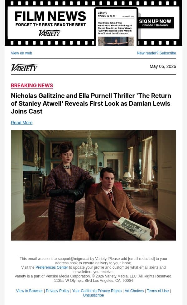 Nicholas Galitzine and Ella Purnell Thriller 'The Return of Stanley Atwell' Reveals First Look as Damian Lewis Joins Cast email from Variety screenshot