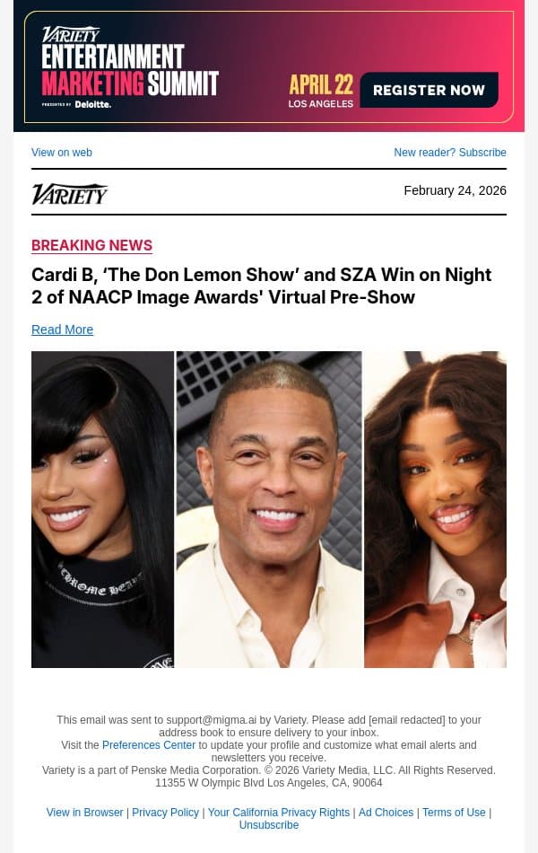 Cardi B, ‘The Don Lemon Show’ and SZA Win on Night 2 of NAACP Image Awards' Virtual Pre-Show email from Variety screenshot