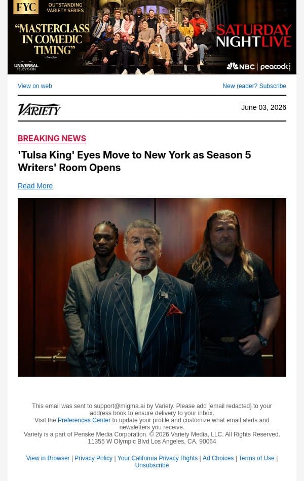 'Tulsa King' Eyes Move to New York as Season 5 Writers' Room Opens email from Variety screenshot