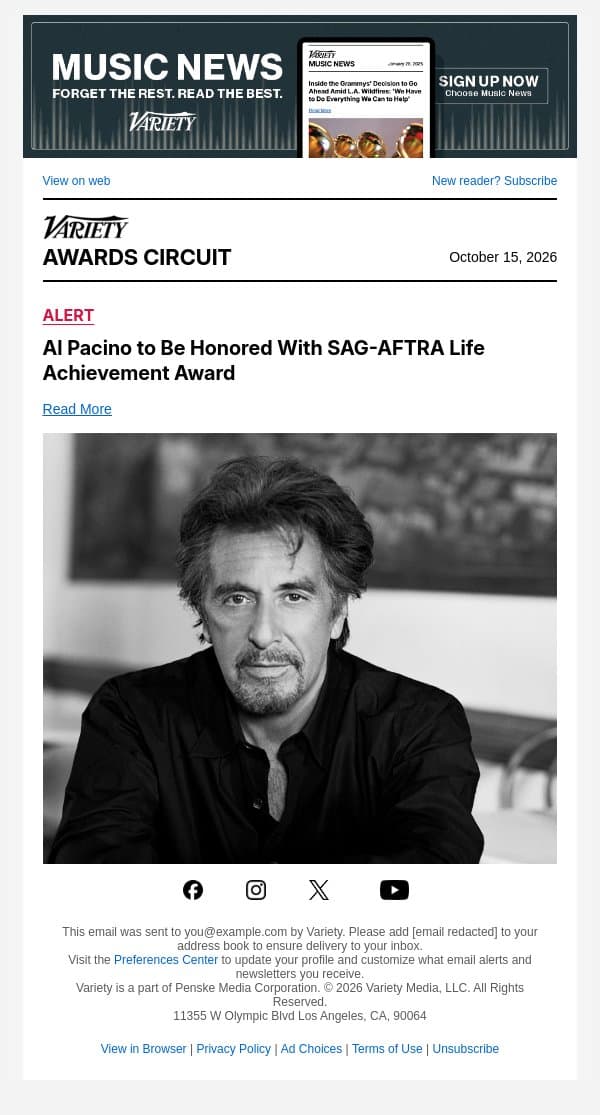 Al Pacino to Be Honored With SAG-AFTRA Life Achievement Award email from Variety screenshot