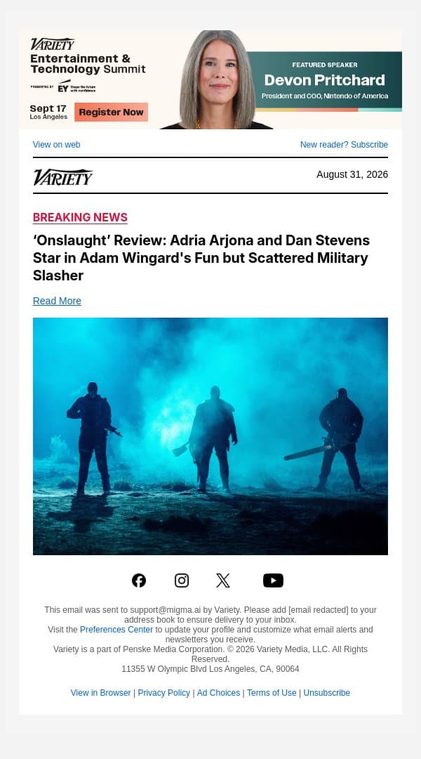 ‘Onslaught’ Review: Adria Arjona and Dan Stevens Star in Adam Wingard's Fun but Scattered Military Slasher email from Variety screenshot