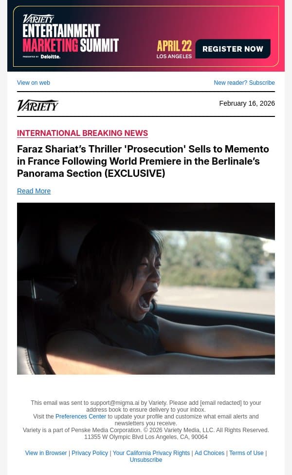 Faraz Shariat’s Thriller 'Prosecution' Sells to Memento in France Following World Premiere in the Berlinale’s Panorama Section (EXCLUSIVE) email from Variety screenshot