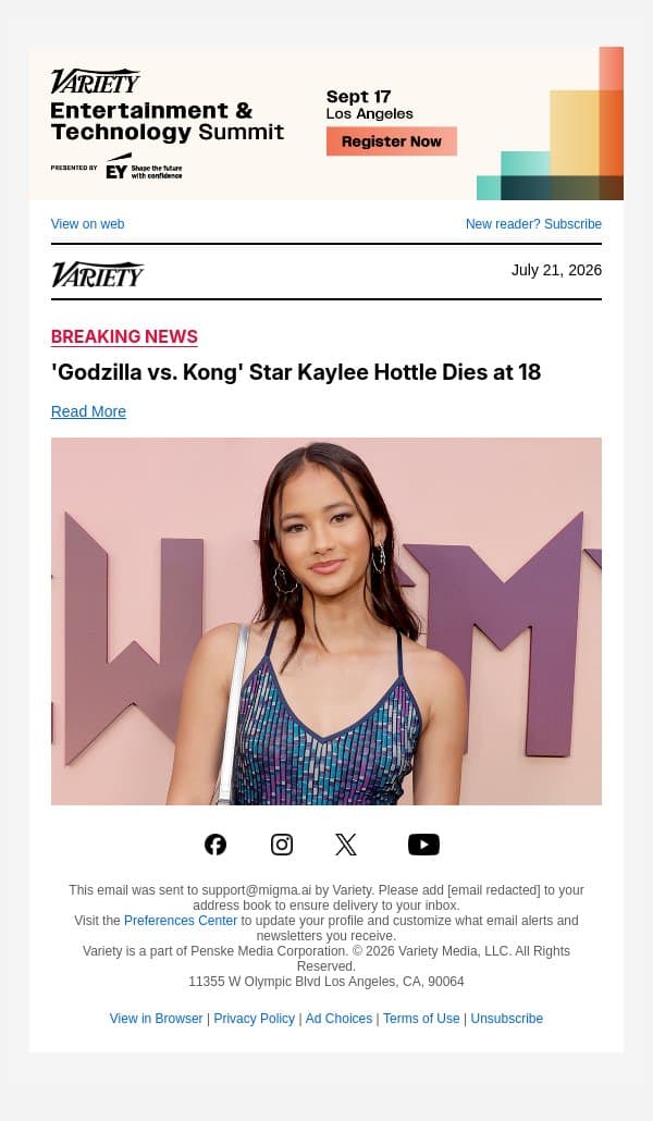'Godzilla vs. Kong' Star Kaylee Hottle Dies at 18 email from Variety screenshot