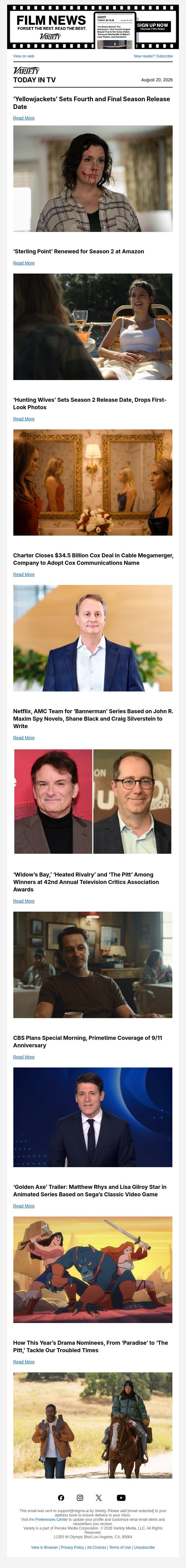 'Yellowjackets' Sets Final Season Premiere; 'Sterling Point' Renewed; 'Hunting Wives' Drops Season 2 First Look email from Variety screenshot