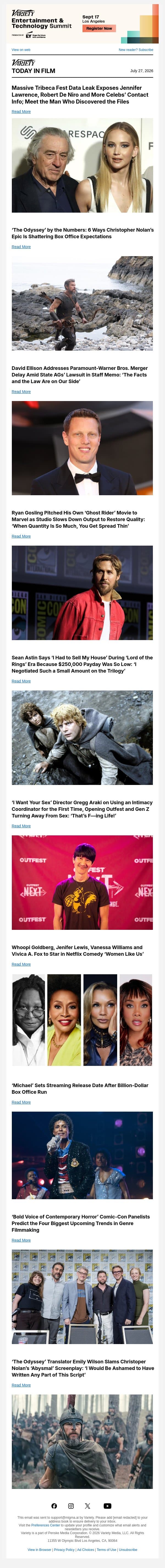 Tribeca Fest Leak; ‘The Odyssey’ Box Office Breakdown; David Ellison Addresses Merger Delay email from Variety screenshot