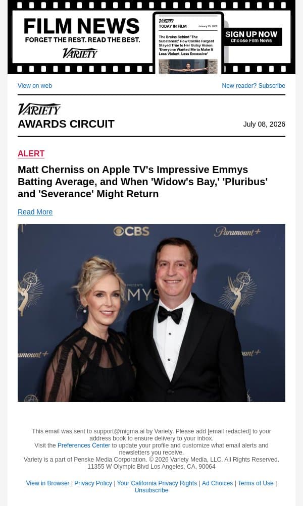 Matt Cherniss on Apple TV's Impressive Emmys Batting Average, and When 'Widow's Bay,' 'Pluribus' and 'Severance' Might Return email from Variety screenshot