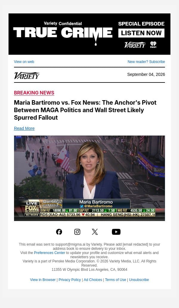 Maria Bartiromo vs. Fox News: The Anchor's Pivot Between MAGA Politics and Wall Street Likely Spurred Fallout email from Variety screenshot
