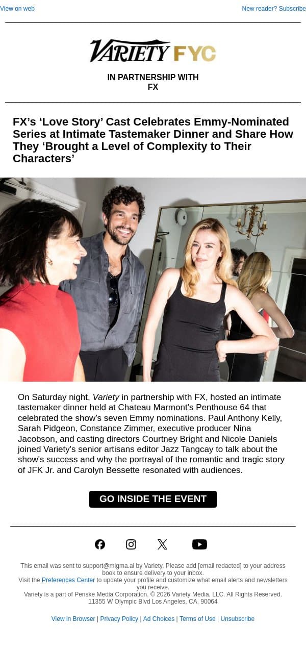 FX’s ‘Love Story’ Cast Celebrates Emmy-Nominated Series at Intimate Tastemaker Dinner email from Variety screenshot