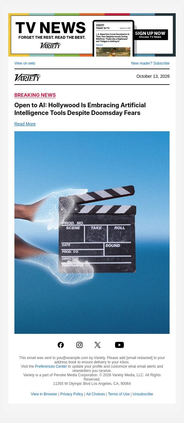 Open to AI: Hollywood Is Embracing Artificial Intelligence Tools Despite Doomsday Fears email from Variety screenshot