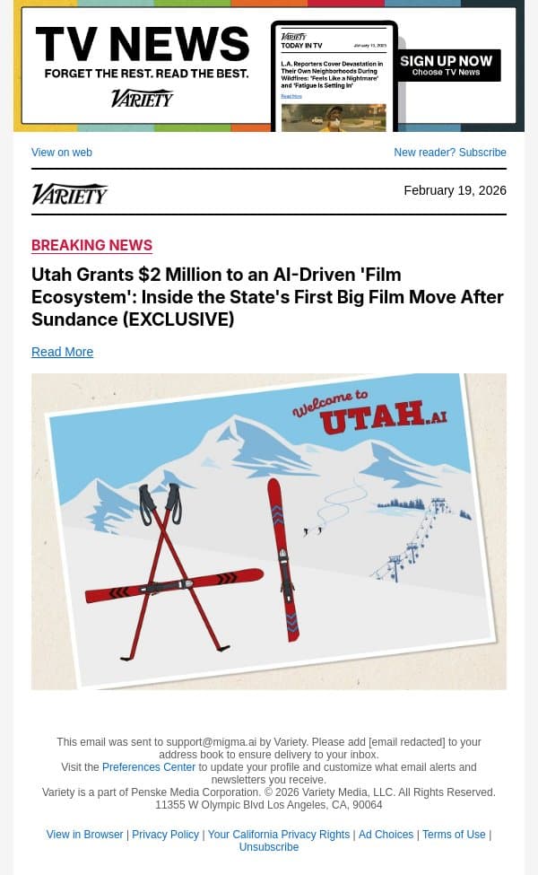 Utah Grants $2 Million to an AI-Driven 'Film Ecosystem': Inside the State's First Big Film Move After Sundance (EXCLUSIVE) email from Variety screenshot