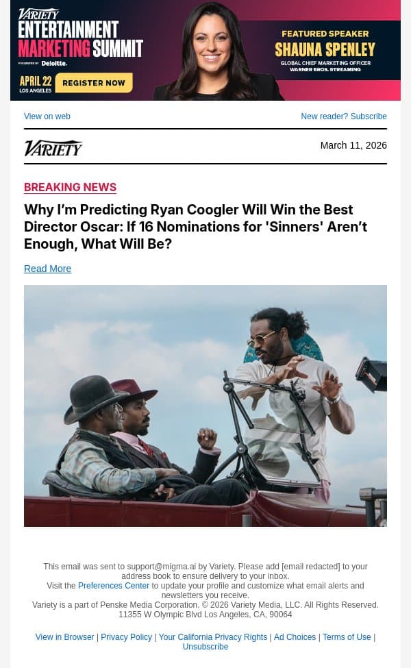 Why I’m Predicting Ryan Coogler Will Win the Best Director Oscar: If 16 Nominations for 'Sinners' Aren’t Enough, What Will Be? email from Variety screenshot
