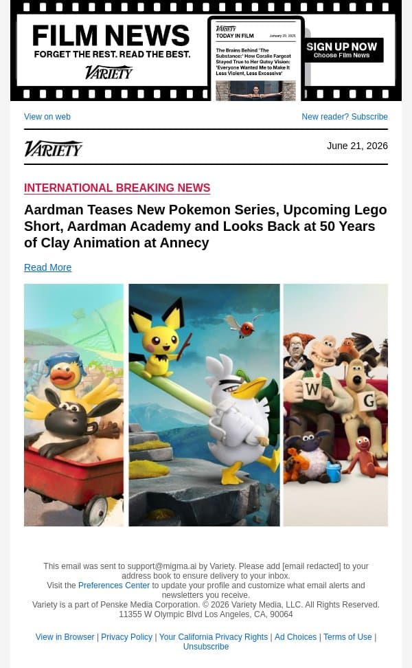Aardman Teases New Pokemon Series, Upcoming Lego Short, Aardman Academy and Looks Back at 50 Years of Clay Animation at Annecy email from Variety screenshot