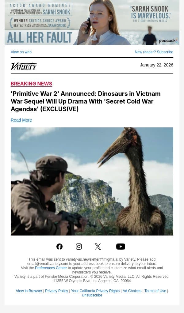 'Primitive War 2' Announced: Dinosaurs in Vietnam War Sequel Will Up Drama With 'Secret Cold War Agendas' (EXCLUSIVE) email from Variety screenshot