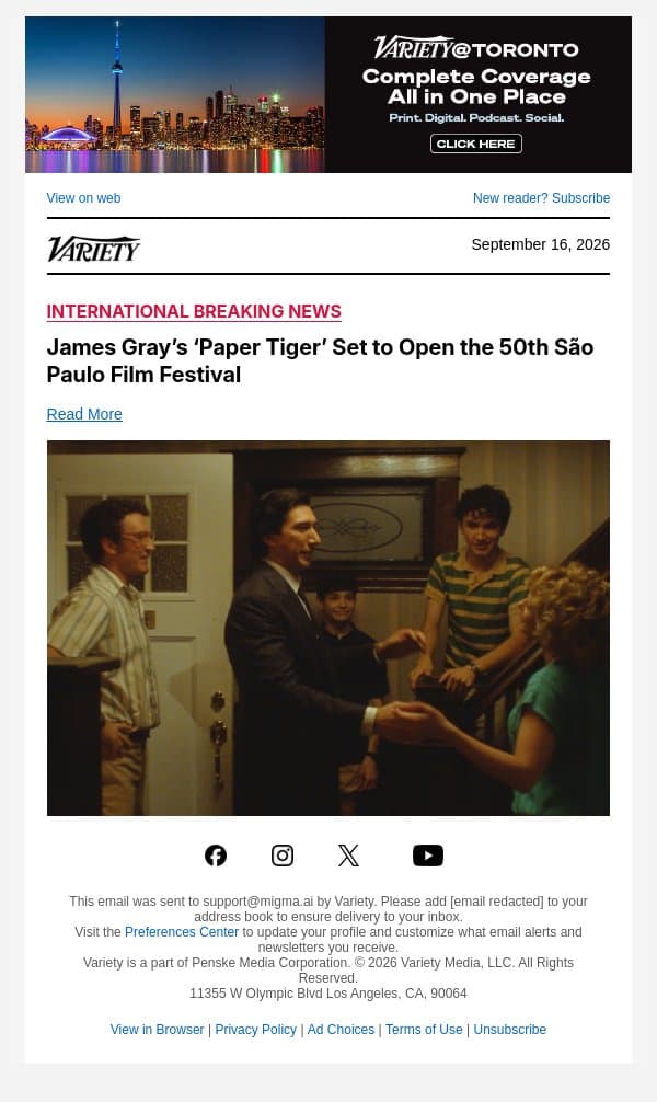 James Gray’s ‘Paper Tiger’ Set to Open the 50th São Paulo Film Festival email from Variety screenshot