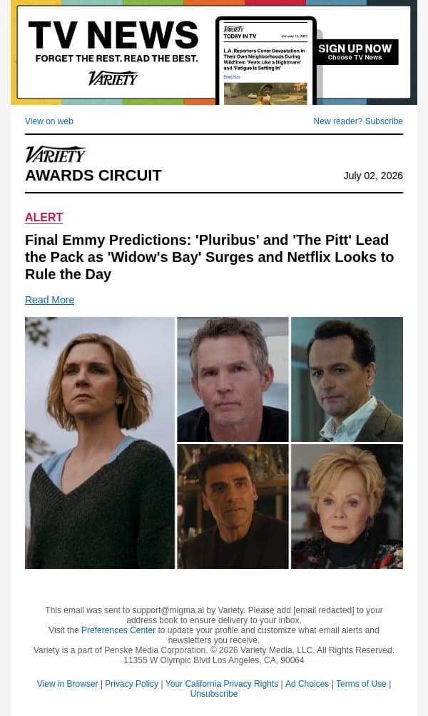 Final Emmy Predictions In 115 Categories Ahead of Nominations email from Variety screenshot