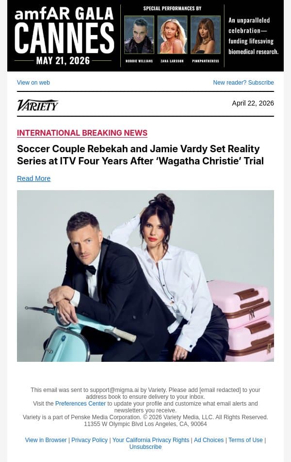 Soccer Couple Rebekah and Jamie Vardy Set Reality Series at ITV Four Years After ‘Wagatha Christie’ Trial email from Variety screenshot