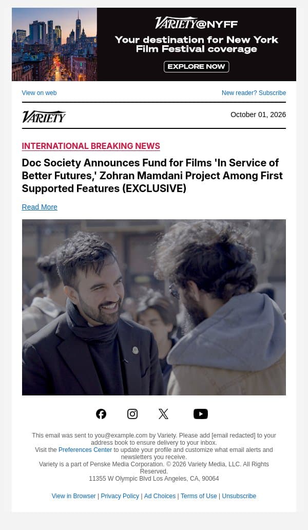 Doc Society Announces Fund for Films 'In Service of Better Futures,' Zohran Mamdani Project Among First Supported Features (EXCLUSIVE) email from Variety screenshot