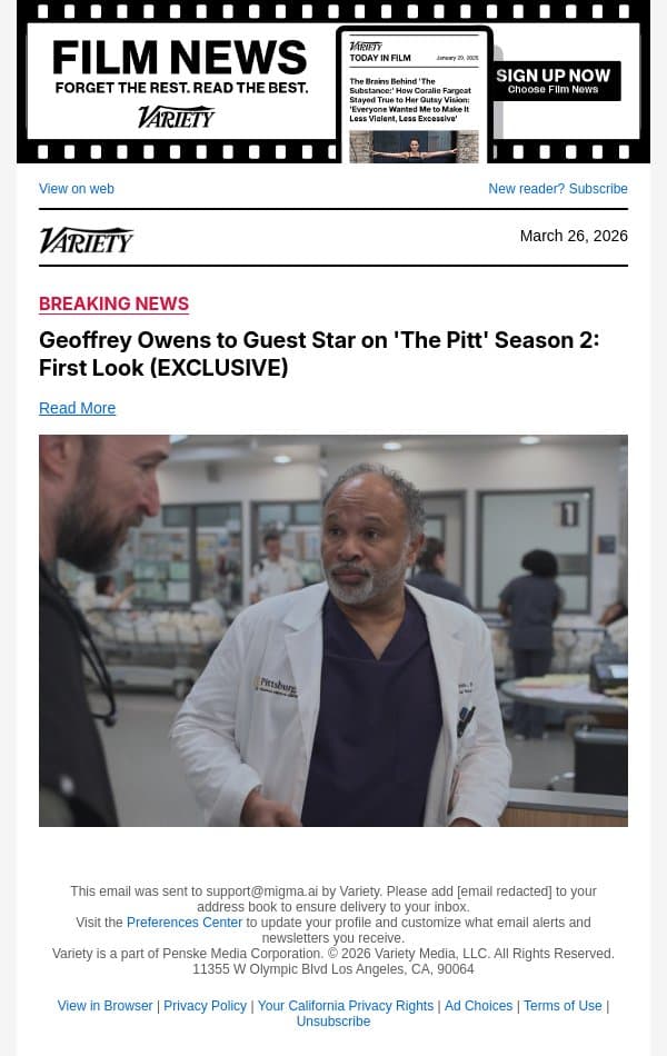 Geoffrey Owens to Guest Star on 'The Pitt' Season 2: First Look (EXCLUSIVE) email from Variety screenshot