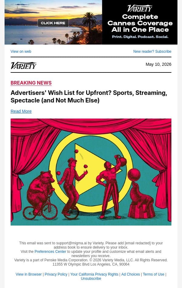 Advertisers' Wish List for Upfront? Sports, Streaming, Spectacle (and Not Much Else) email from Variety screenshot