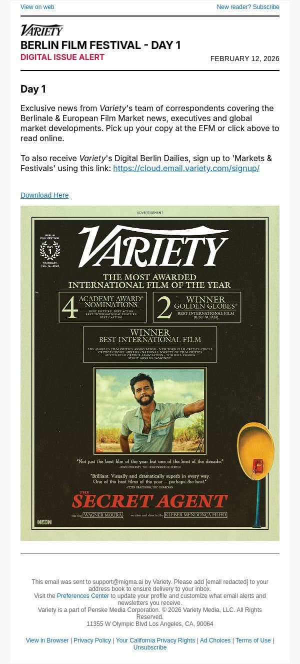 BERLIN FILM FESTIVAL DAILY No. 1: 'Cautiously Optimistic' EFM Kicks Off; Afghan Helmer Breaks Taboos; Queer Cinema Celebrates Milestone email from Variety screenshot