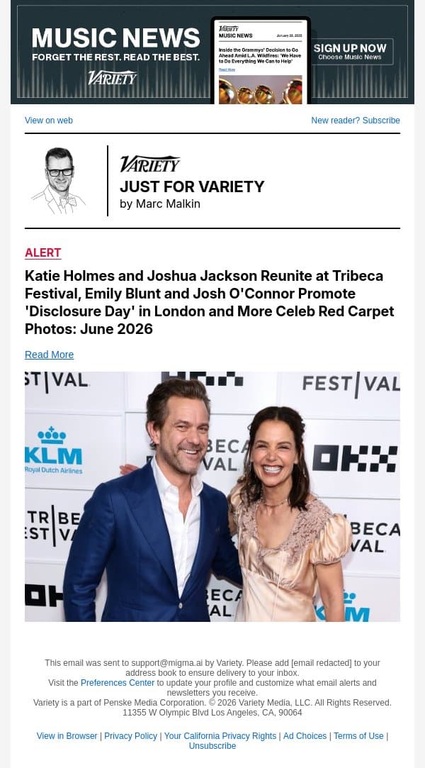 PHOTOS: Katie Holmes and Joshua Jackson Reunite at Tribeca Festival, Emily Blunt and Josh O'Connor Promote 'Disclosure Day' in London email from Variety screenshot