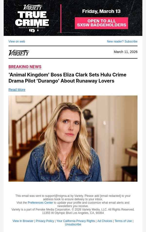 'Animal Kingdom' Boss Eliza Clark Sets Hulu Crime Drama Pilot 'Durango' About Runaway Lovers email from Variety screenshot