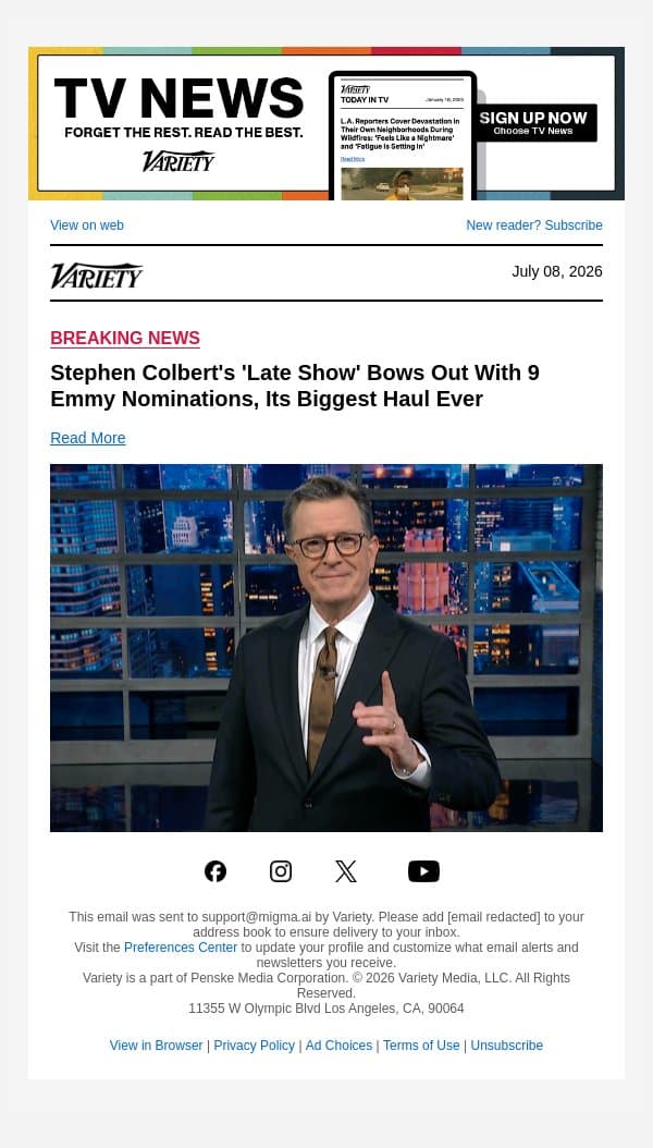 Stephen Colbert's 'Late Show' Bows Out With 9 Emmy Nominations, Its Biggest Haul Ever email from Variety screenshot