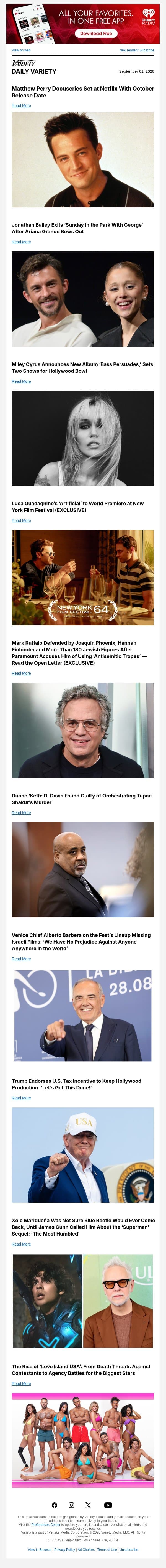 Netflix's Matthew Perry Doc; Jonathan Bailey Exits 'Sunday in the Park With George'; Miley Cyrus' New Album email from Variety screenshot