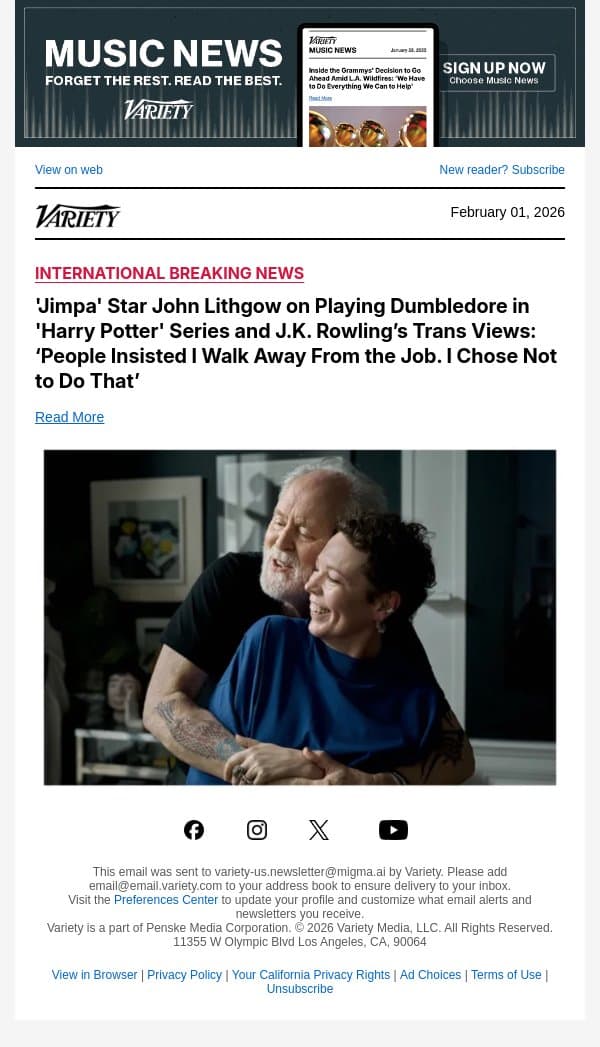 'Jimpa' Star John Lithgow on Playing Dumbledore in 'Harry Potter' Series and J.K. Rowling’s Trans Views: ‘People Insisted I Walk Away From the Job. I Chose Not to Do That’ email from Variety screenshot