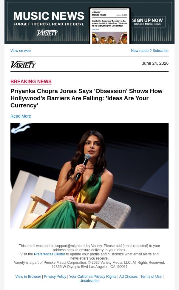 Priyanka Chopra Jonas Says 'Obsession' Shows How Hollywood's Barriers Are Falling: 'Ideas Are Your Currency' email from Variety screenshot