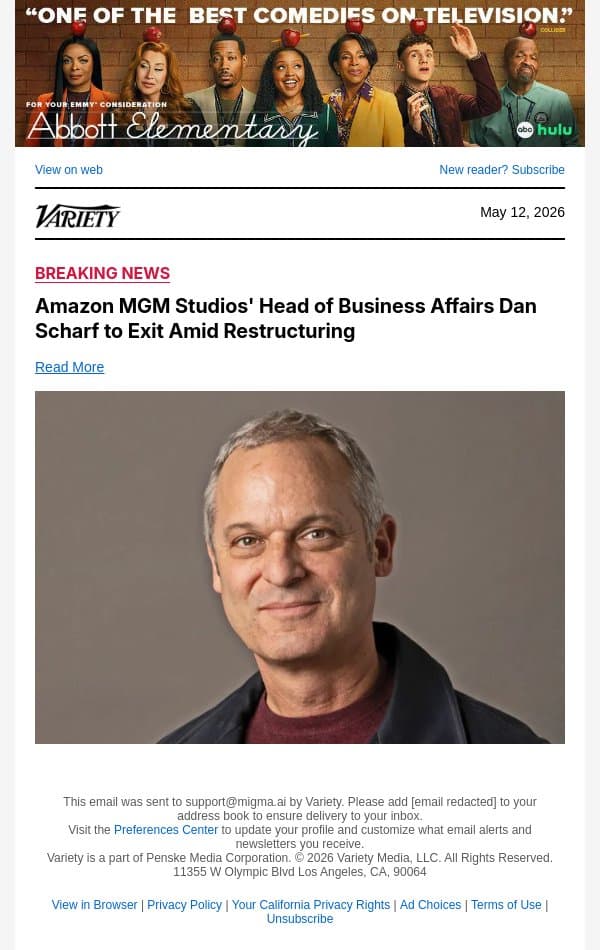 Amazon MGM Studios' Head of Business Affairs Dan Scharf to Exit Amid Restructuring email from Variety screenshot