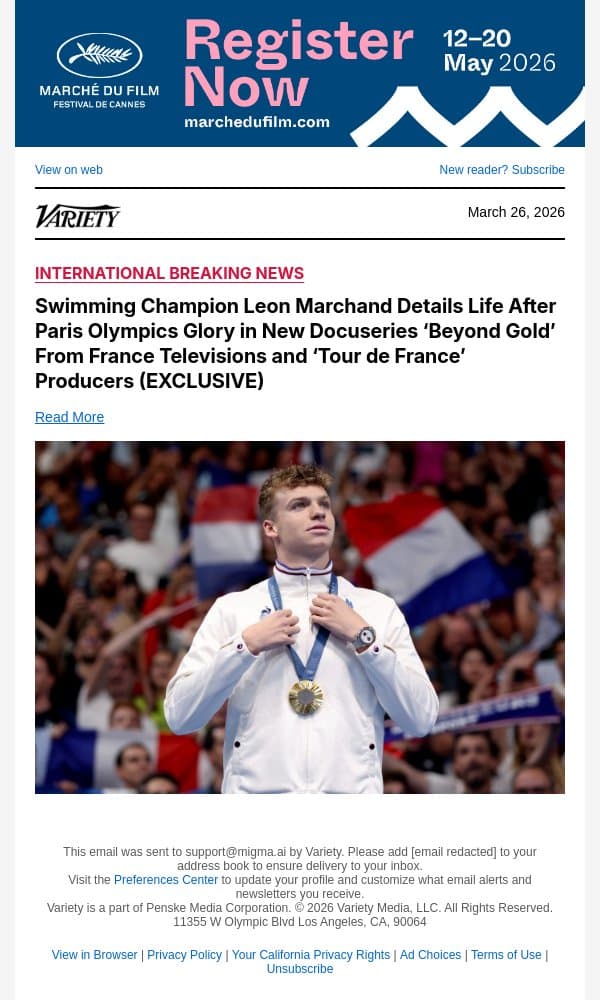 Swimming Champion Leon Marchand Details Life After Paris Olympics Glory in New Docuseries ‘Beyond Gold’ From France Televisions and ‘Tour de France’ Producers (EXCLUSIVE) email from Variety screenshot