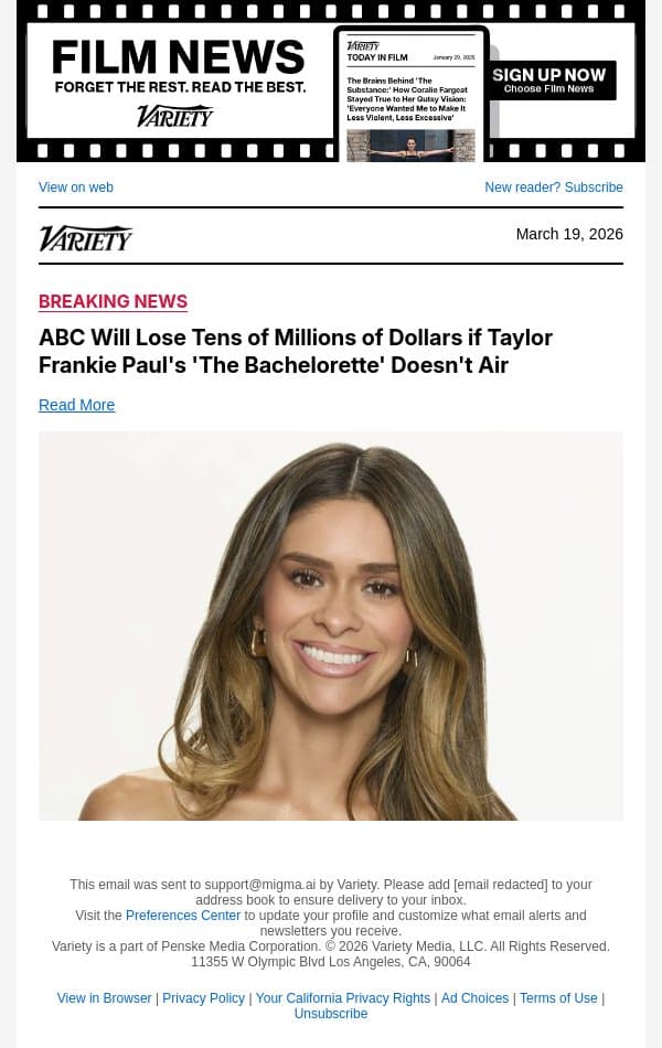 ABC Will Lose Tens of Millions of Dollars if Taylor Frankie Paul's 'The Bachelorette' Doesn't Air email from Variety screenshot
