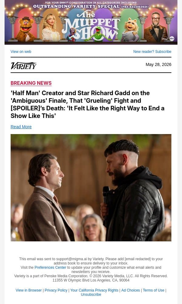 'Half Man' Creator and Star Richard Gadd on the 'Ambiguous' Finale, That 'Grueling' Fight and [SPOILER]’s Death: 'It Felt Like the Right Way to End a Show Like This' email from Variety screenshot