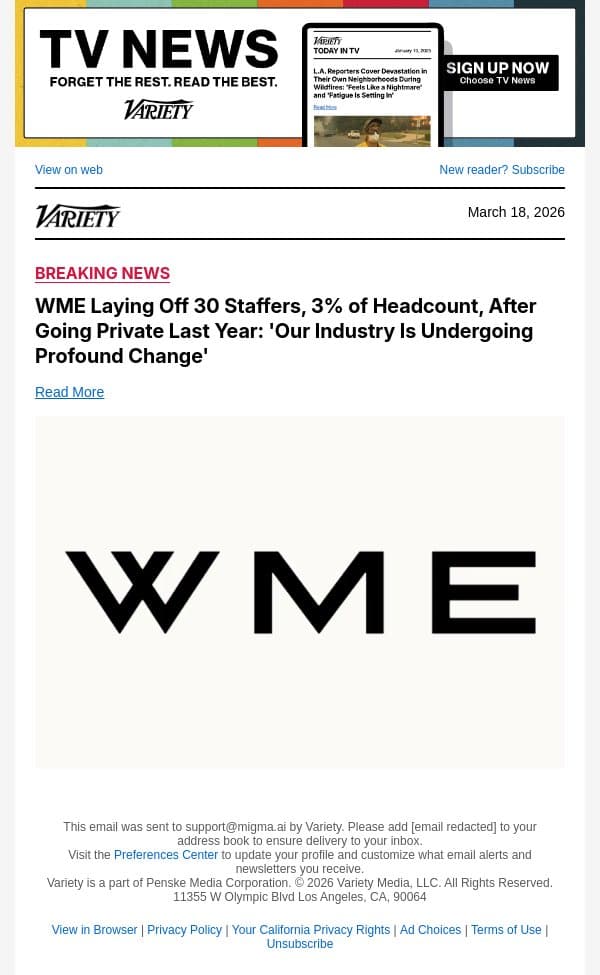 WME Laying Off 30 Staffers, 3% of Headcount, After Going Private Last Year: 'Our Industry Is Undergoing Profound Change' email from Variety screenshot