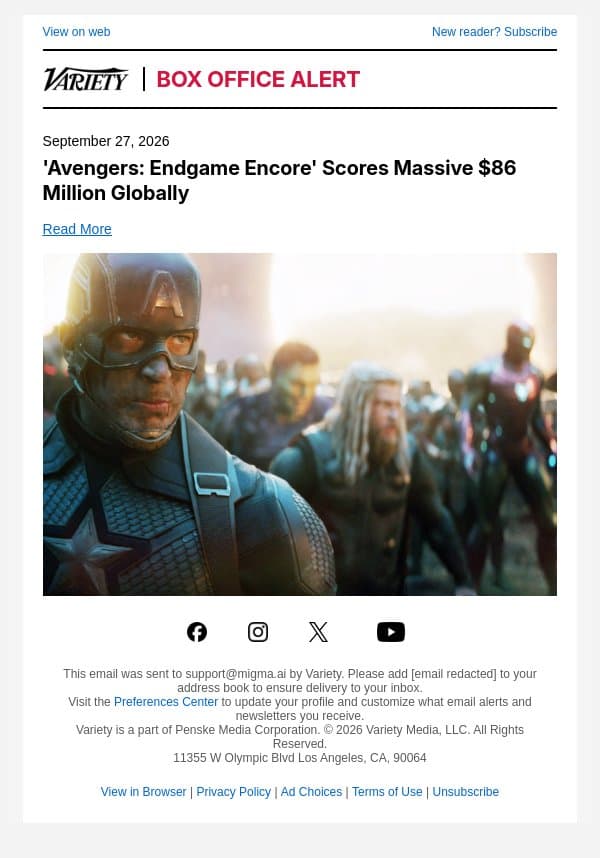 'Avengers: Endgame Encore' Scores Massive $86 Million Globally email from Variety screenshot
